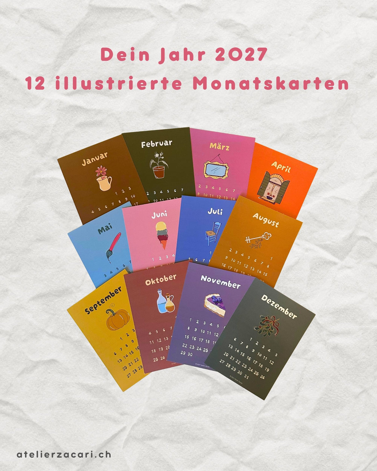 Kalender 2027 – 12 illustrierte Monatskarten (A6)