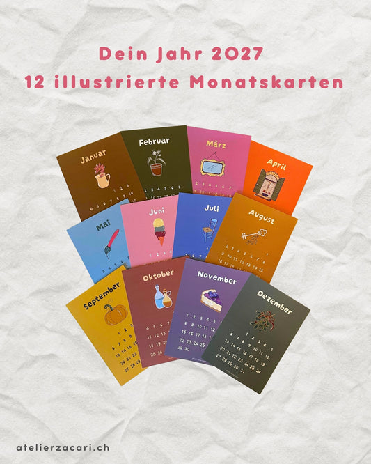 Kalender 2027 – 12 illustrierte Monatskarten (A6)