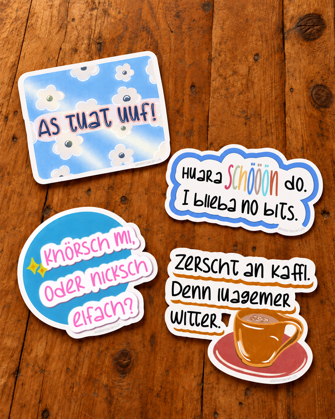 Atelier Zacari, Süsse Papeterie, Stickers, Briefpost aus der Schweiz, Illustrationen, selbstgemacht, gezeichnet, Buendner Stickers, Buendnerduetsch
